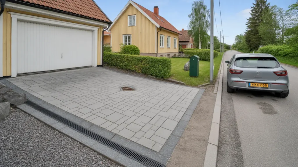 bel ggning av garageuppfart med marksten i kungs ngen upplands bro
