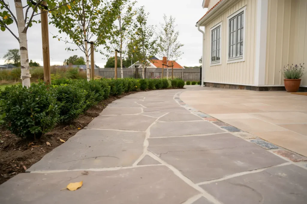 stensatt g ngstig och uteyta vid villa i bro