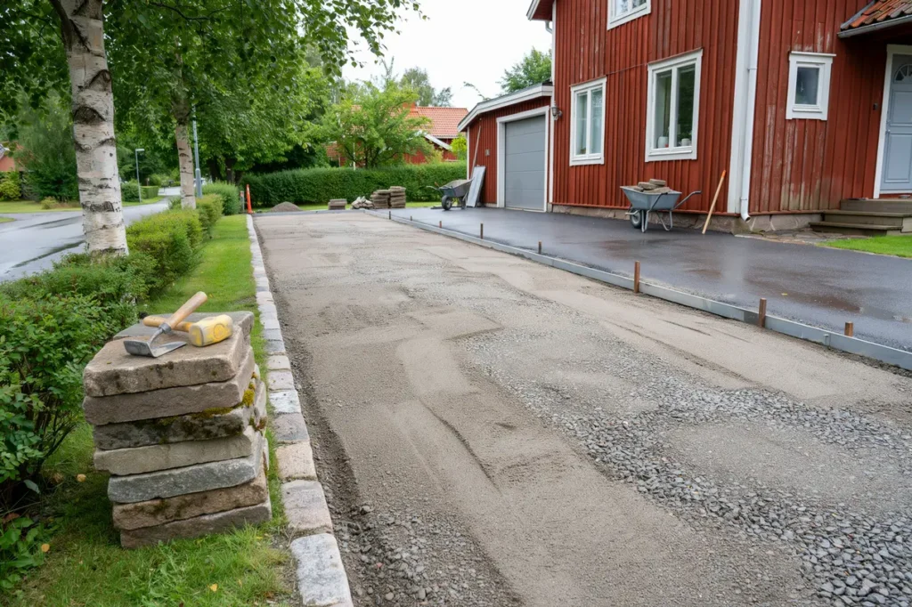augusti r r tt tid f r att l gga om uppfarten i marksten stabil grund inf r h stens regn och slask