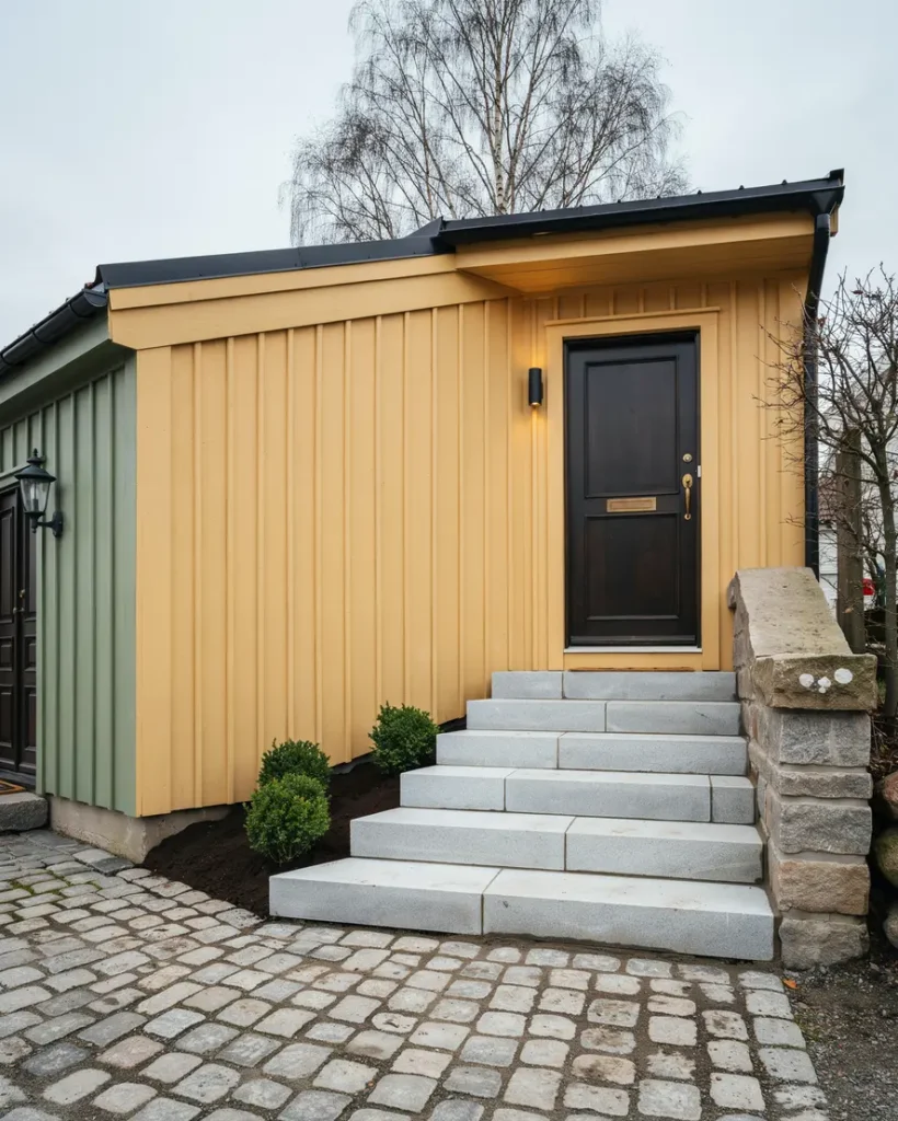 ny stenlagd trappa och entr yta vid radhus i bro